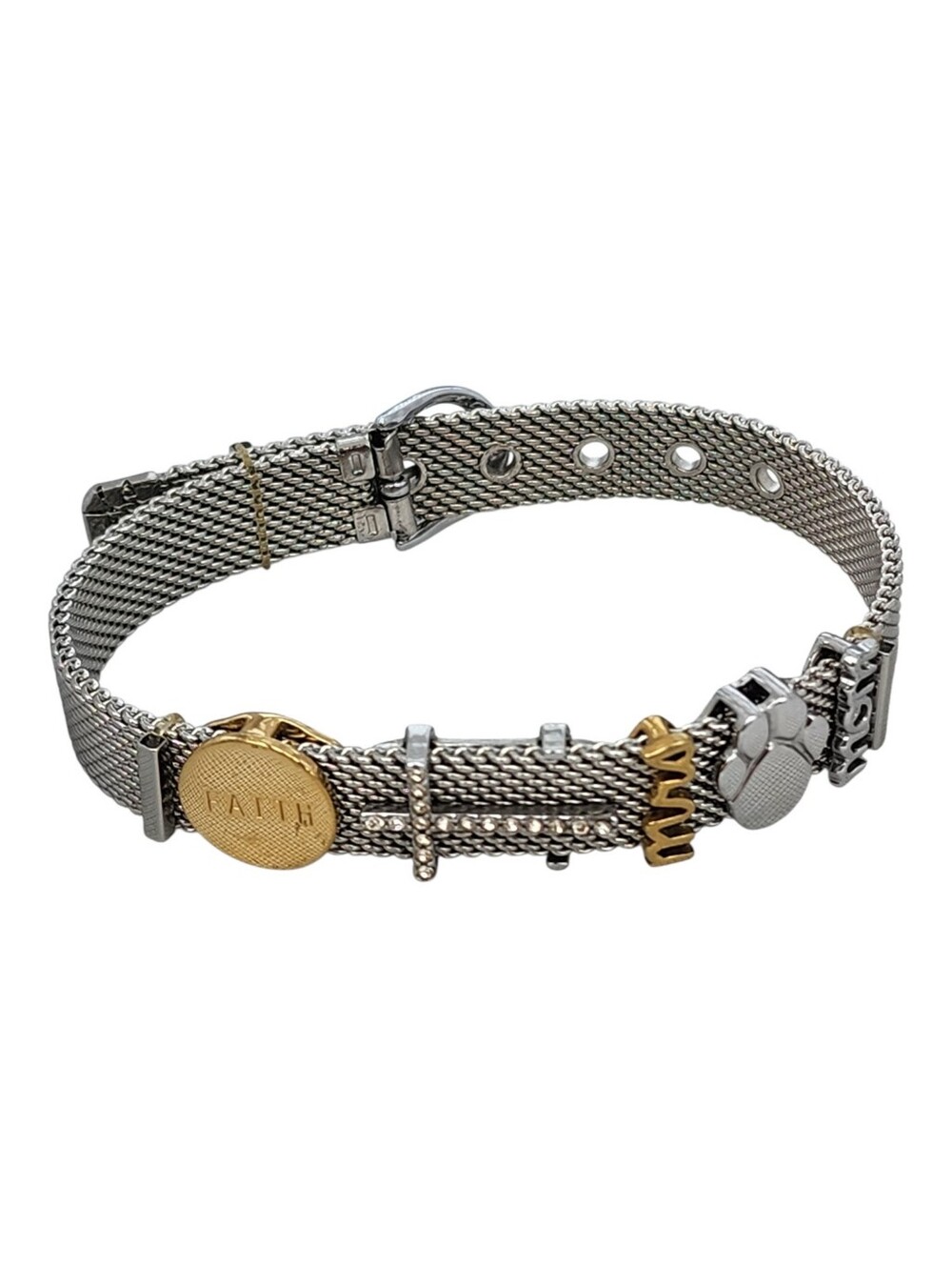 Stella & Dot Keep Collective Silver Tone Mesh Buckle Bracelet + 5 Slider Charms